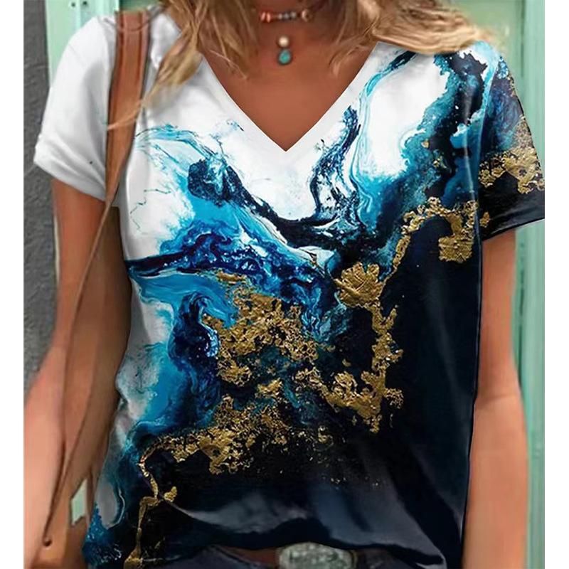 Large Size Floral Print V-neck Short Sleeved T-shirt Women Summer 3d Tees