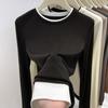 High Elastic Long Sleeved T Shirt for Women Contrasting Layered Fake Two Piece Style Bottoming Shirt Autumn Winter
