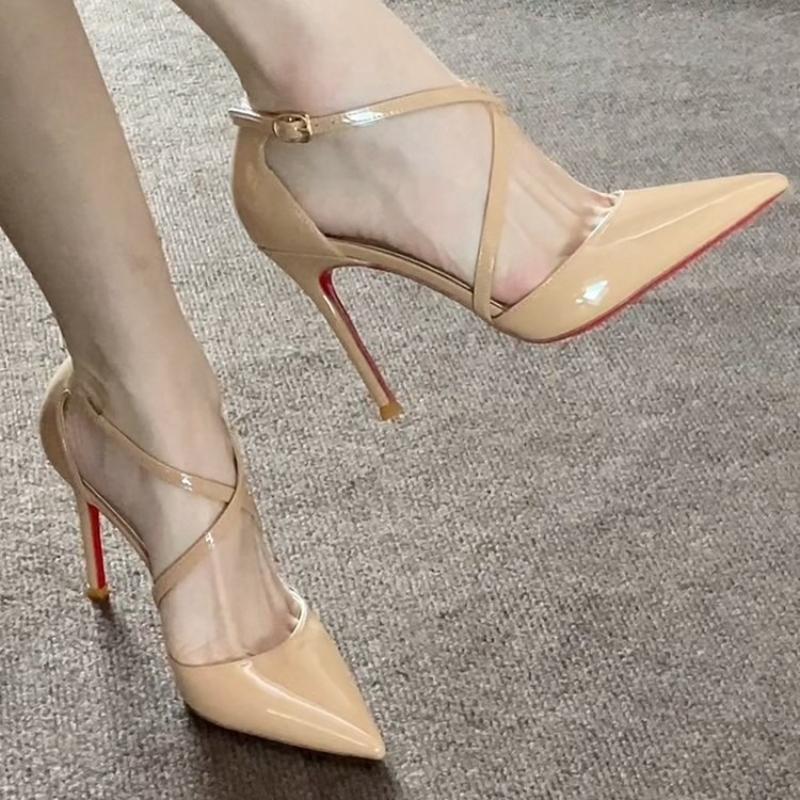 Fashion 2025 New Sexy Pointed High Heel Sandals Hollow Out Buckle Strap Red Sole Women Shoes