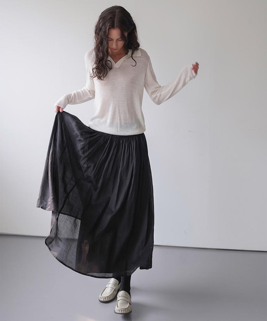 Cool Kitten Flare Long Skirt With Shirred Waist Detail (Black)
