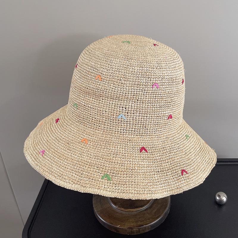 Women Embroidery Heart Raffia Straw Hat Packable Sun Hat Wide Brim Summer Bucket Hats Travel Derby Hat бежевый