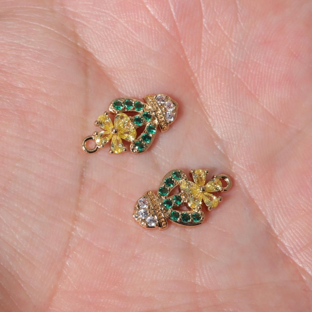 Multicolor Zirconia Bow Flower Copper Charms, Golden Plated Fresh Pendants for DIY Earring Necklace Craft Making
