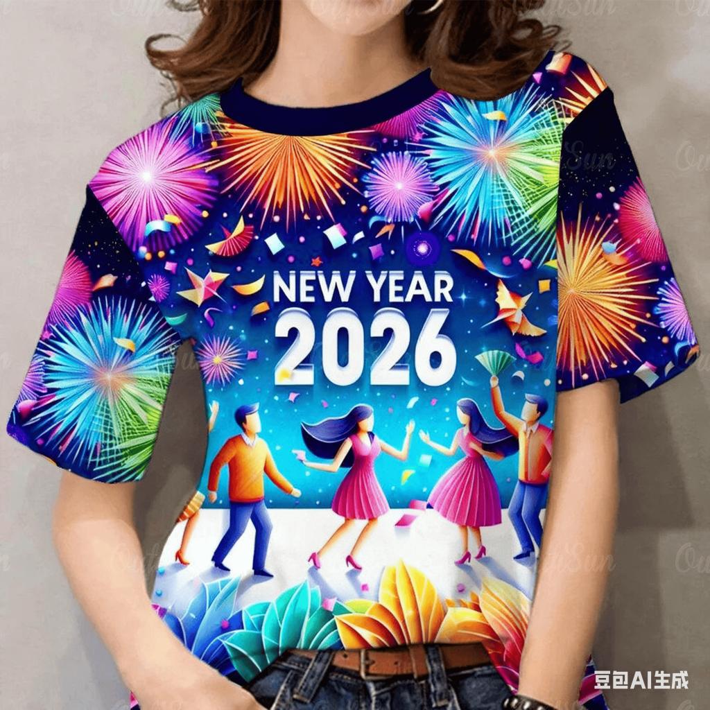 

Women s short sleeved shirt with bright printed T-shirt, suitable for daily wear, round clothing, women s casual shirt XS