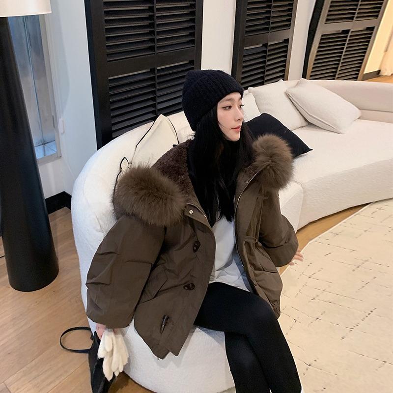 Korean Style Women Hooded Short Coat Horn Buttons Big Fur Collar Winter Warm Thickened Workwear Jacket