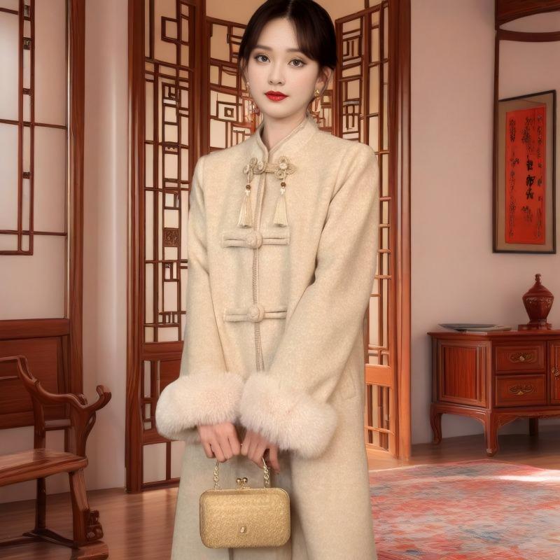 Autumn and Winter New Women's Elegant Slim-looking Vertical Collar Traditional Style Wool Coat with Knee Buckle