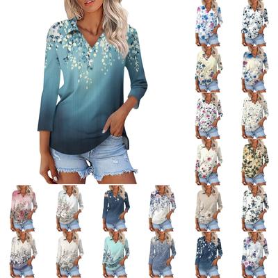 Women's Fashion Casual Lapel 3/4 Sleeve Print Shirt Women's Button Up Tops