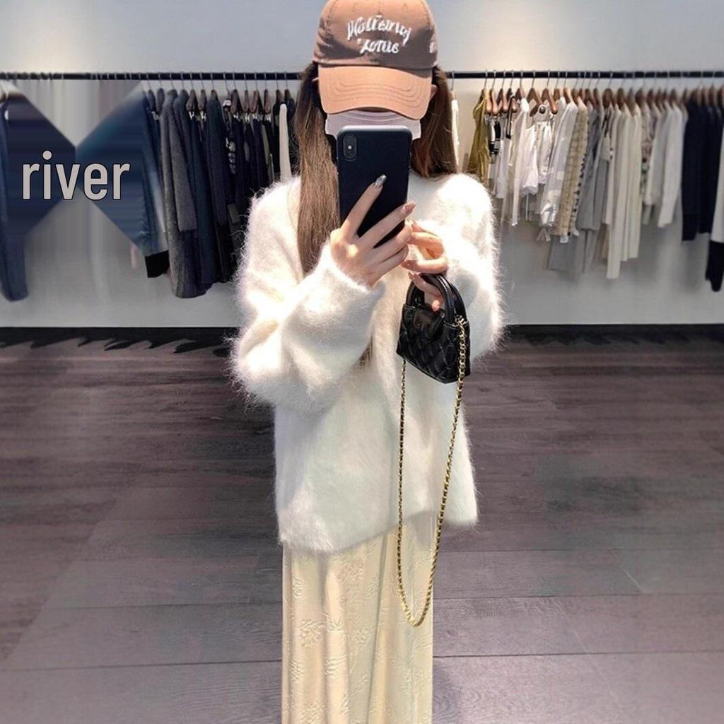 Women's Cozy Gray Imitation Mink Velvet Round Neck Sweater, Perfect for Autumn and Winter.