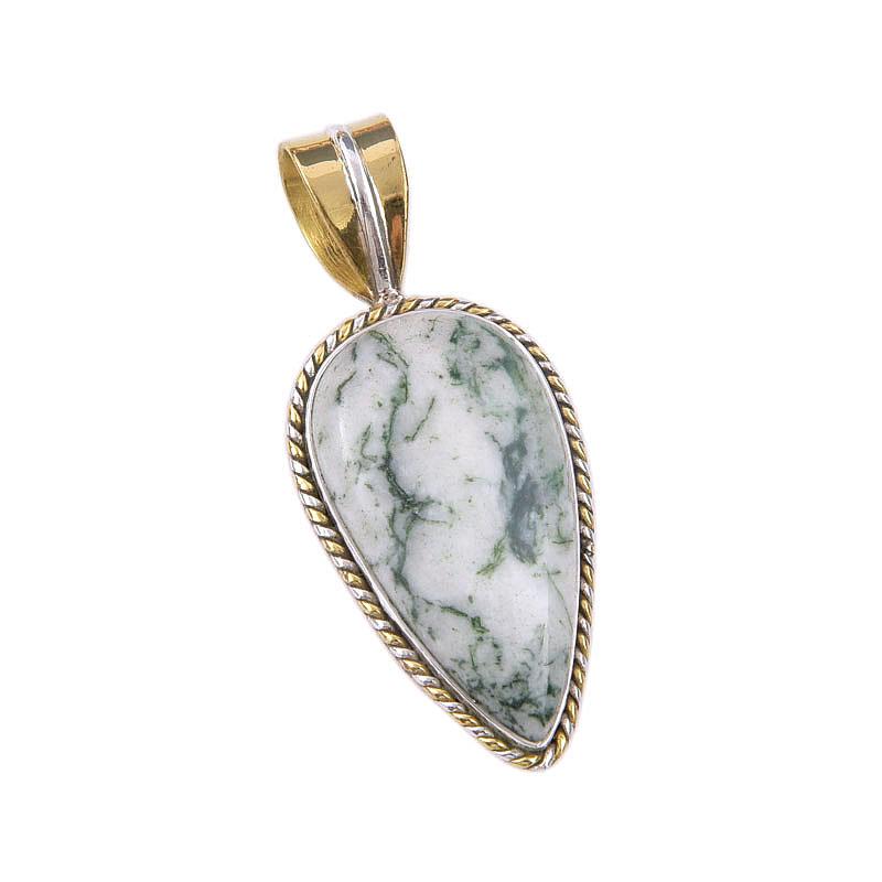 Natural Green Dendrite Opal 925 Sterling Silver Gift TwoTone Pendant 1.50" N3W20