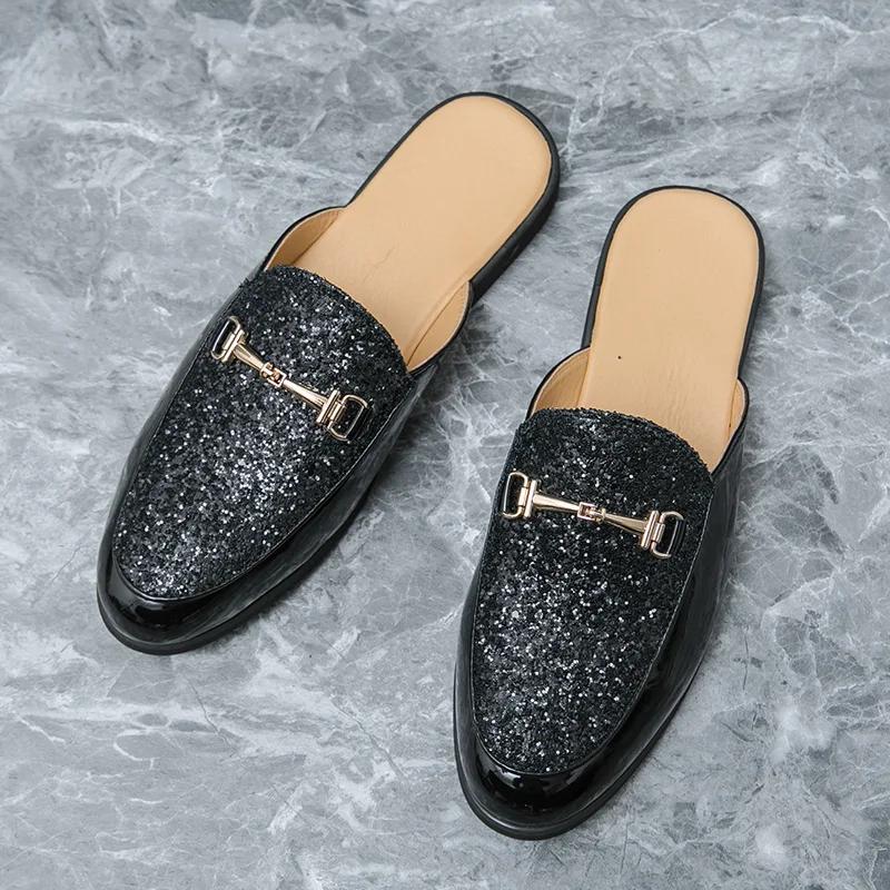 

Fashion Breathable Half Back Leather Shoes Men s Half Sequin Shoe Loop Buckle Half Bean Loafers Shallow Mouth Men s Casual Sneakers 38