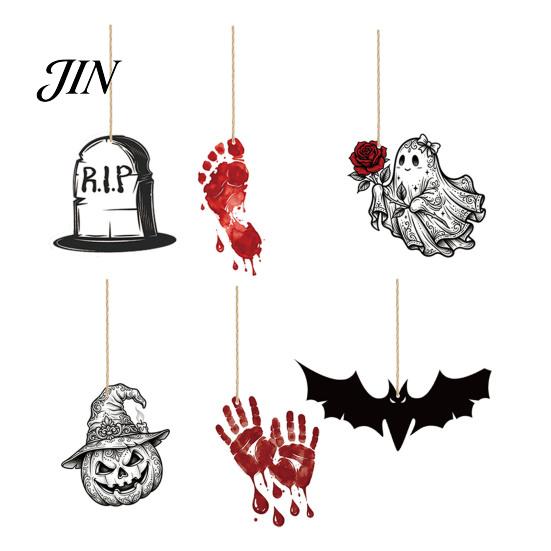 Halloween Hanging Decor 6Pcs Wooden Decoration, Ghost Pumpkin Eyeball Pendant Ornament with Rope, Spooky Holiday Party Decorations