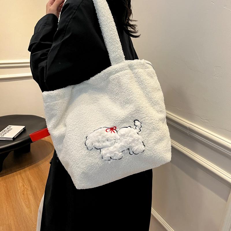 

Новая милая плюшевая сумка-тоут на плечо с вышивкой щенка с леопардовым принтом в горошек большой вместимости женская 30*14*32 белый