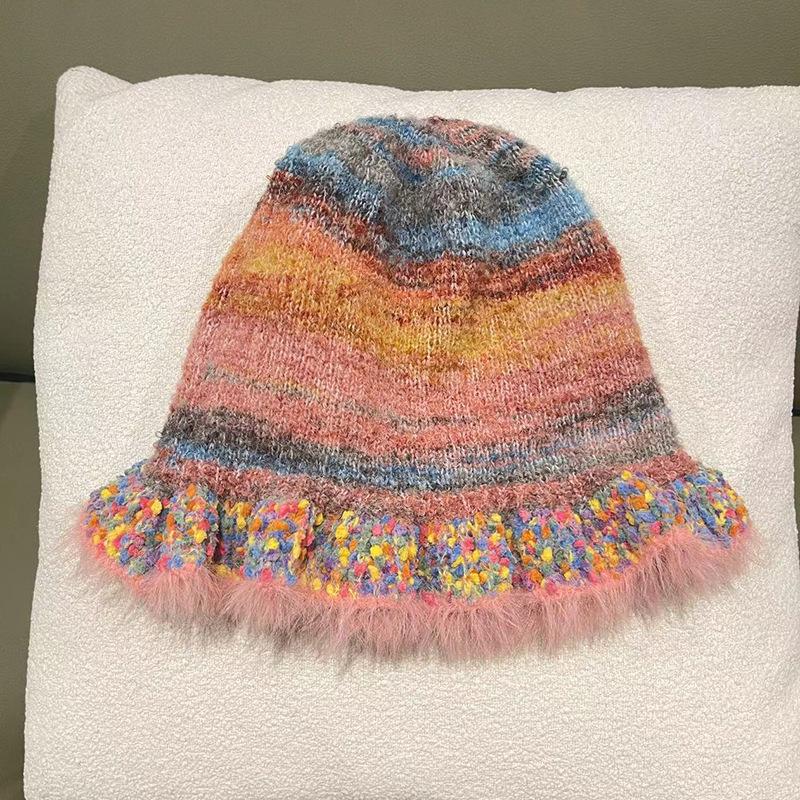 

1Pc Women s Vintage Bucket Hat with Ruffle Edge,Autumn and Winter Rainbow Stripe Oil Painting Printing Caps for Streetwear,party One Size рожевий