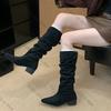 Fashion 2025 Design Pleated Woman Knee-High Boots Fashion Pointed Toe Long Booties Autumn Winter Square Heels Slim Shoes