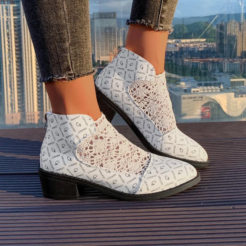 Fashion Women's Fashion Low Heel Shoes Fall New Pointed Ankle Boots Hollow Breathable Fabric Back Zipper Western Boots