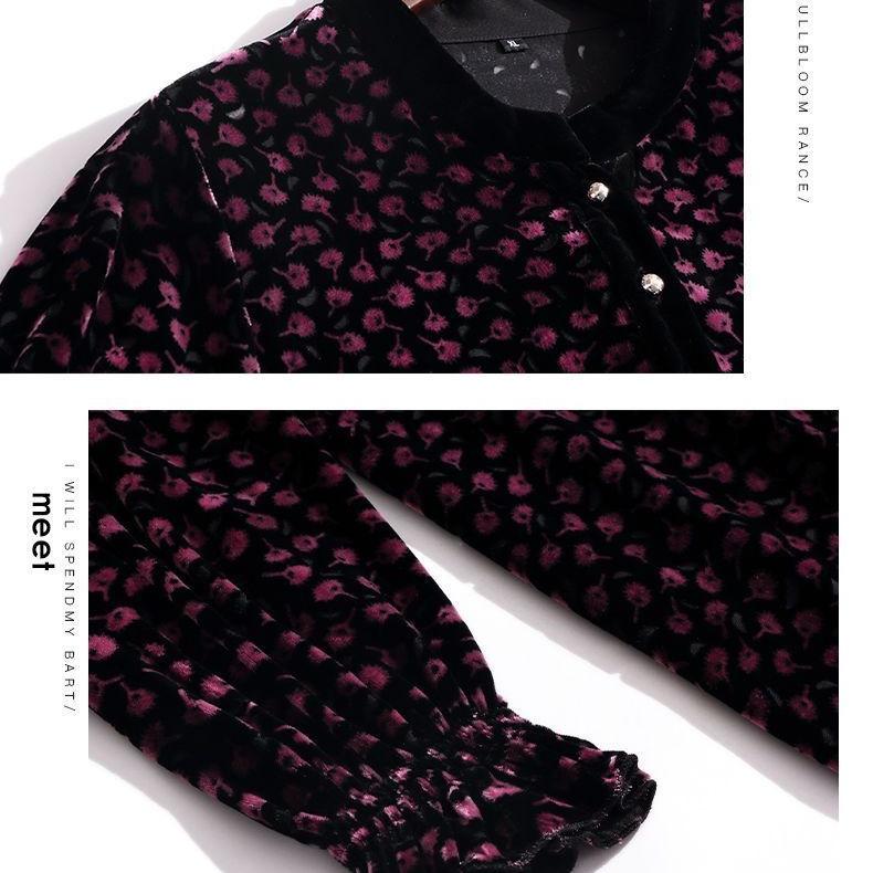 Spring Autumn Women's Plus Size Dress Gold Velvet Polka Dot Print Dress Loose Retro Mid-Length A-Line Dress