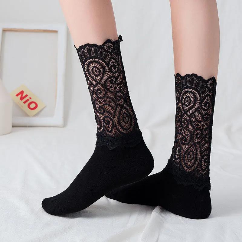 

1 пара сексуальных длинных носков, женские кружевные кружевные белые ворсовые носки средней длины, летний тонкий стиль black