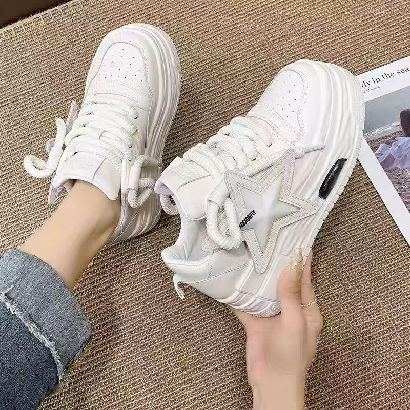 Pink Women Leather Flat Shoes Spring Autumn Chunky Increased Woman Casual Sneakers Fashion Lace-up Vulcanized Shoe Zapatos Mujer