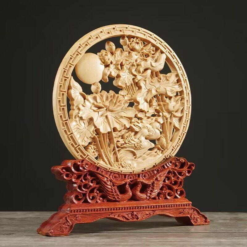 Wood Carving Dragon and Phoenix Round Carving Art Statue Mascot High Quality Home Room, Office Decoration Accessories