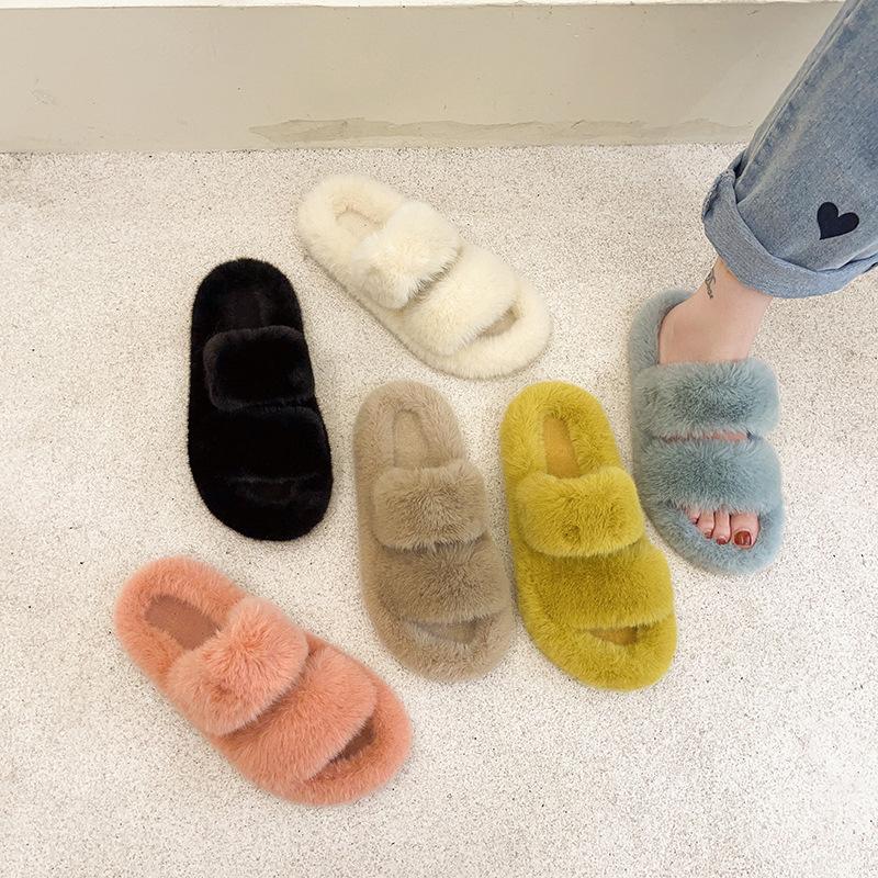 2025 Autumn and Winter Cute Cartoon Fluffy Slippers Women's Autumn and Winter Fashion Trend Word Flat Bottom Home Cotton Slippers Women
