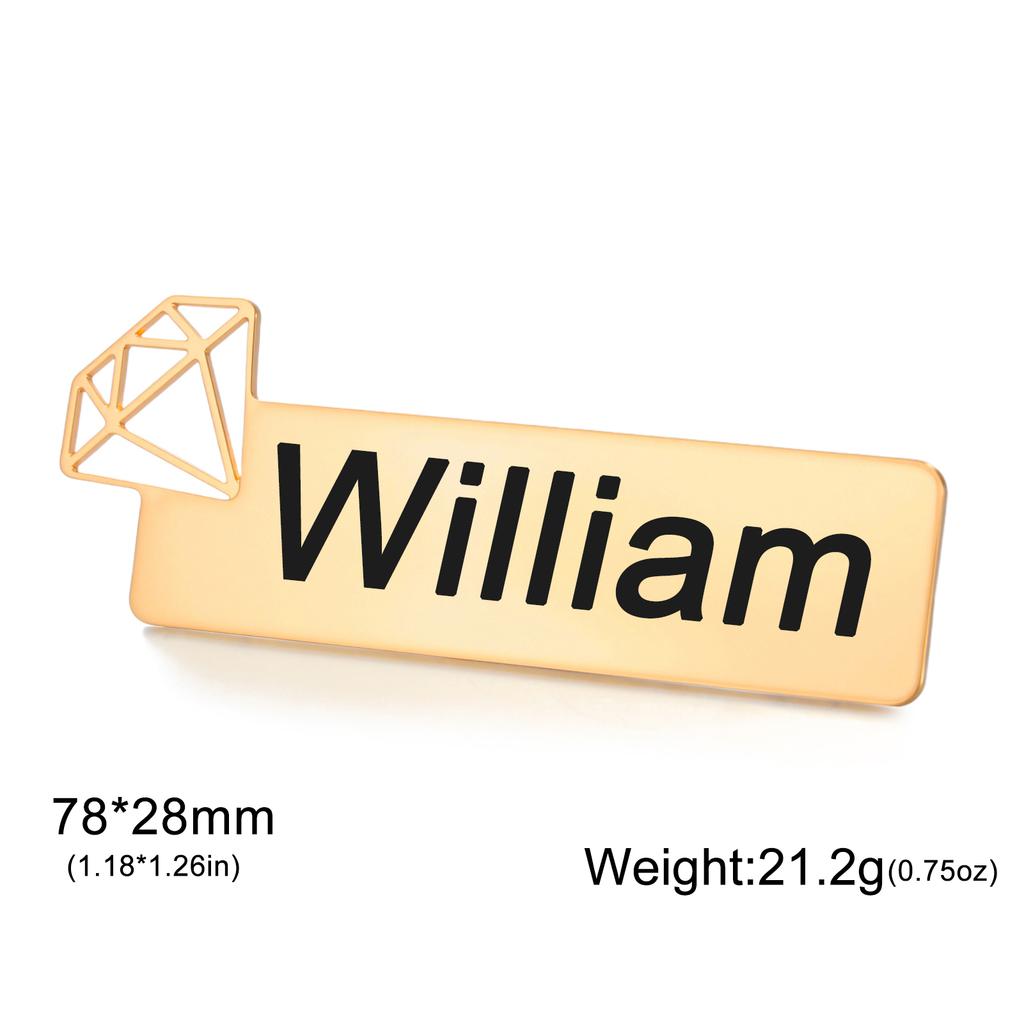 Personalisierte Namensbrosche Benutzerdefinierte Diamantform Rechteckige Abzeichen-Anstecknadel Graviertes Logo Text ID Edelstahl Schmuck Weihnachtsgeschenke