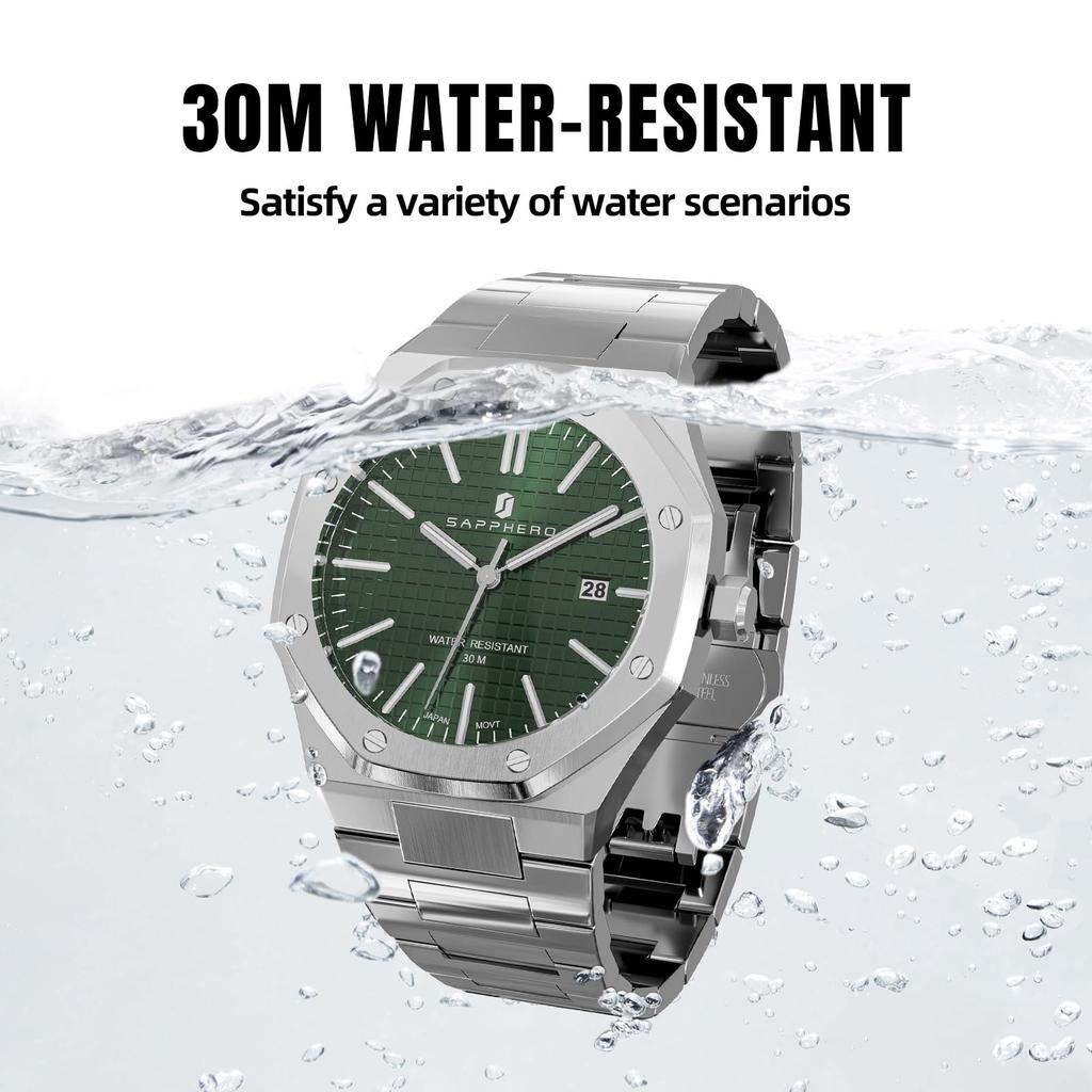 SAPPHERO Octagonal Stainless Steel Waterproof Luminous Wristwatch Luxury Analog Quartz Watch with Date Display Dress Business Watch Casual Luxury