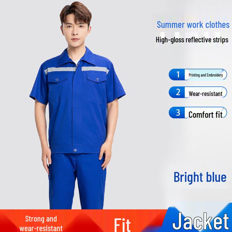 Summer Lightweight Polyester Cotton Reflective Workwear Set - Long Sleeve Protective Clothing for Construction and Workshop Use.