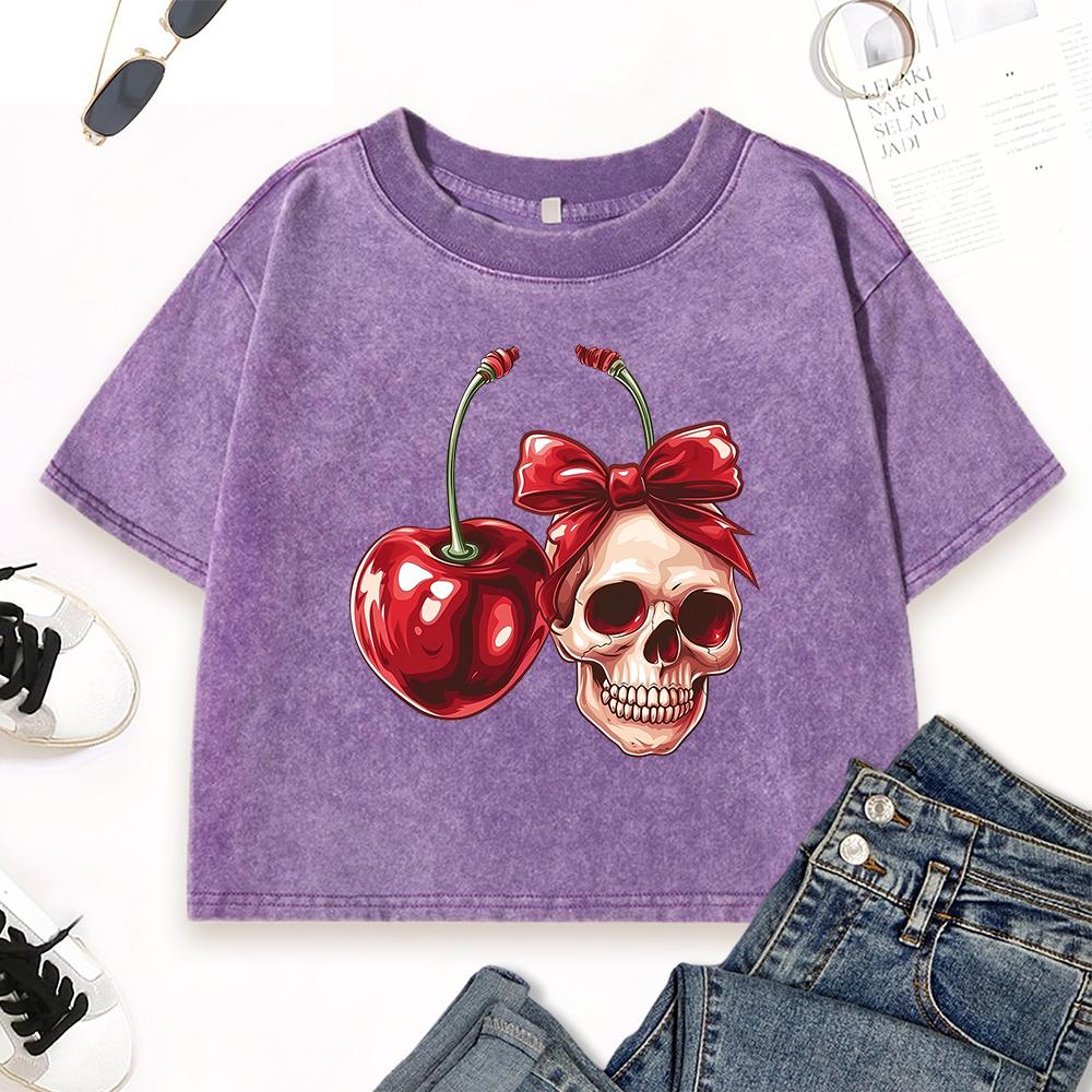 Red Skeleton Cherry Prints Women Crop Washed T-Shirt Slim Fashion T Shirt Street Cotton Short Sleeve Summer Tops