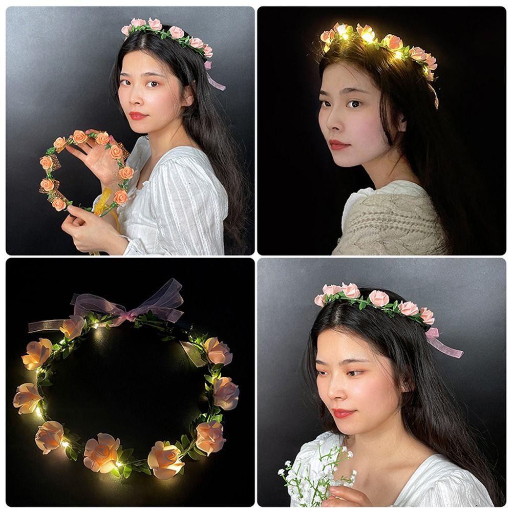 Wedding Foam Party Women Headwear Wreath Decoration LED Light Garland Crown Flower Headband