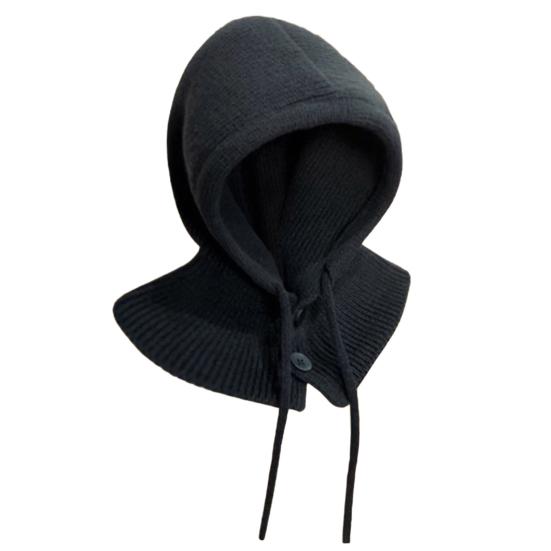 Huvförsedd halsduk mössa enfärgad justerbar dragsko överdragströja mössa knappar stängning stickad vintermössa lös passform halsvärmare