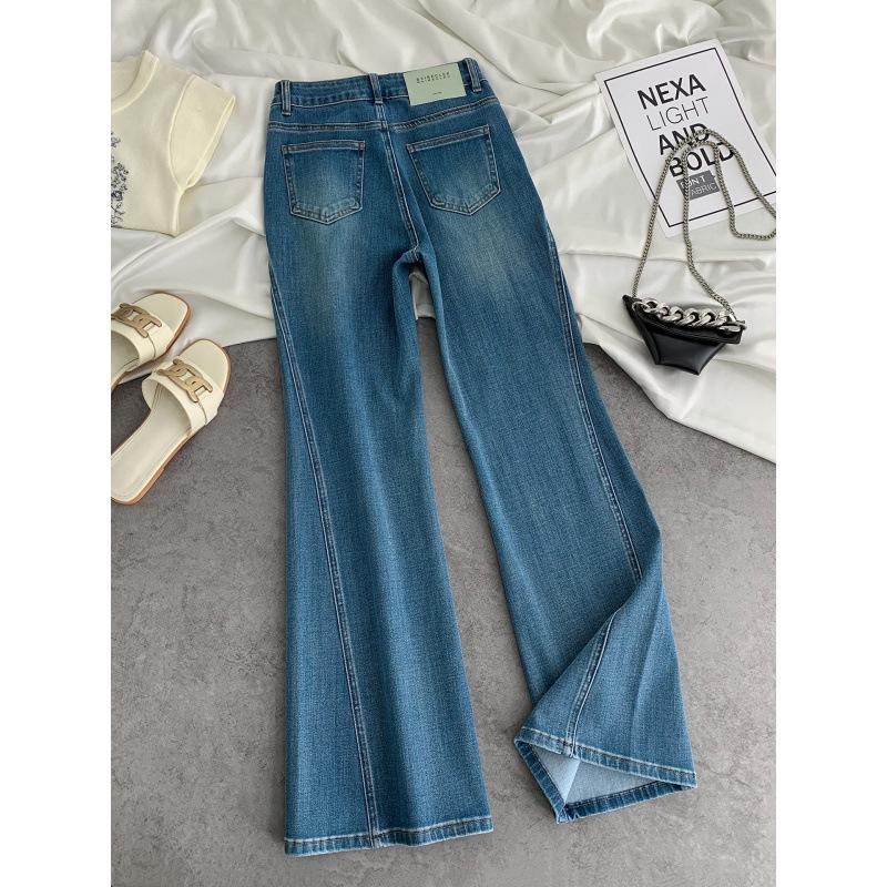2026 Plus Size Women's High Waist Slimming Blue Flare Pants