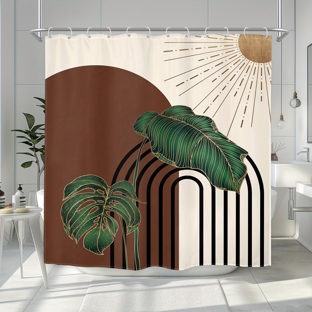 Vintage Abstract Shower Curtain - Mid-Century Tropical Palm Leaf & Sun Design, Minimalist Waterproof Decor,
