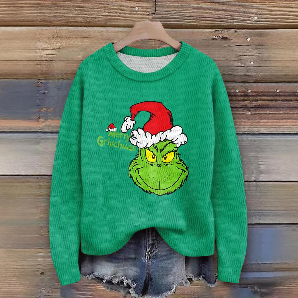 Women's Christmas Print Cardigan Long Sleeve Round Neck Knit Top