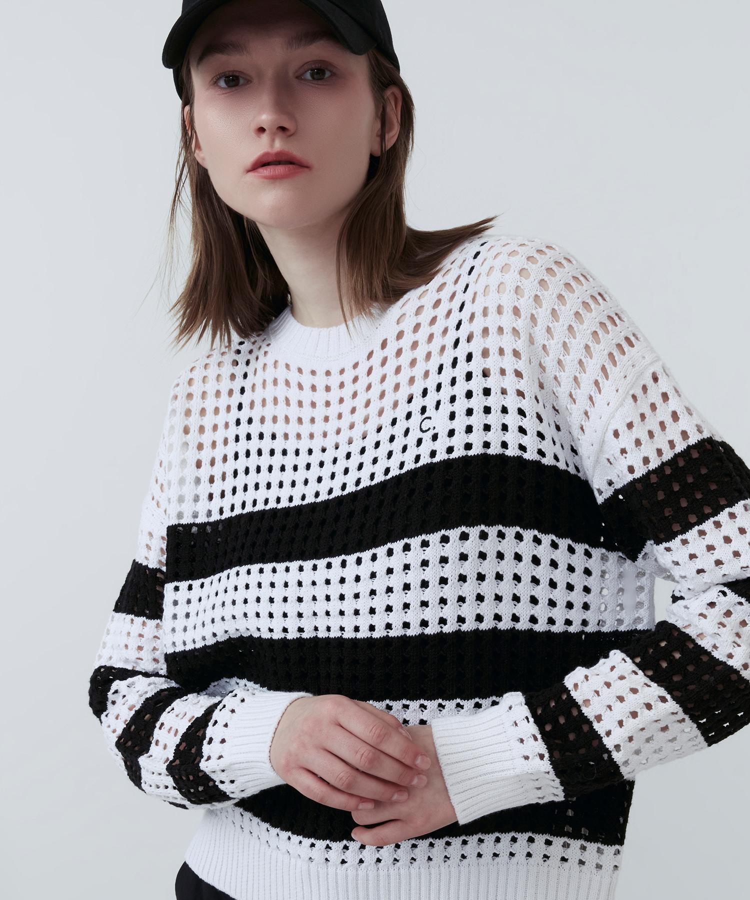 Clove [25Ss Clove] Crochet Stripe Knit (White) White/Free