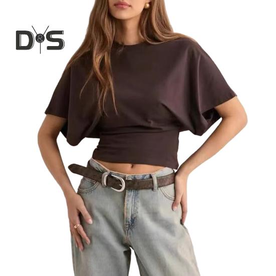 Dámské jednobarevné tričko s kulatým výstřihem Prodyšný ležérní top Letní pulovr s krátkým rukávem na práci, pro každodenní nošení, na večírky