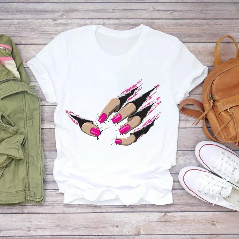 Fashion Short Sleeve White T-Shirt for Women Nail Art Makeup Beauty Style Inspired by Europe And America Summer Polyester Fabric