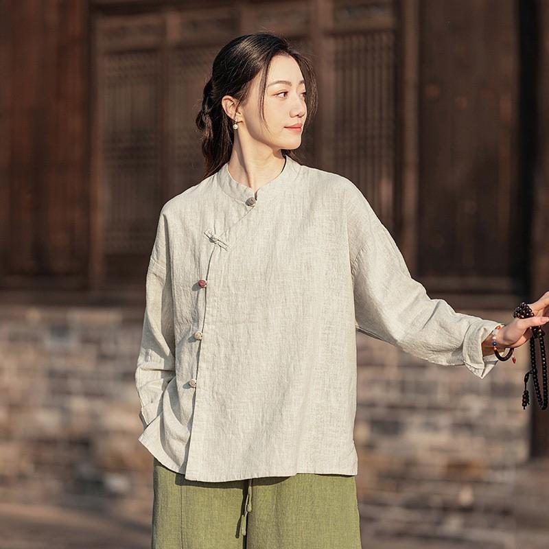 Johnature Women Vintage Shirts Tops Stand Long Sleeve Spring Blouses Button Solid Color Chinese Style Shirts