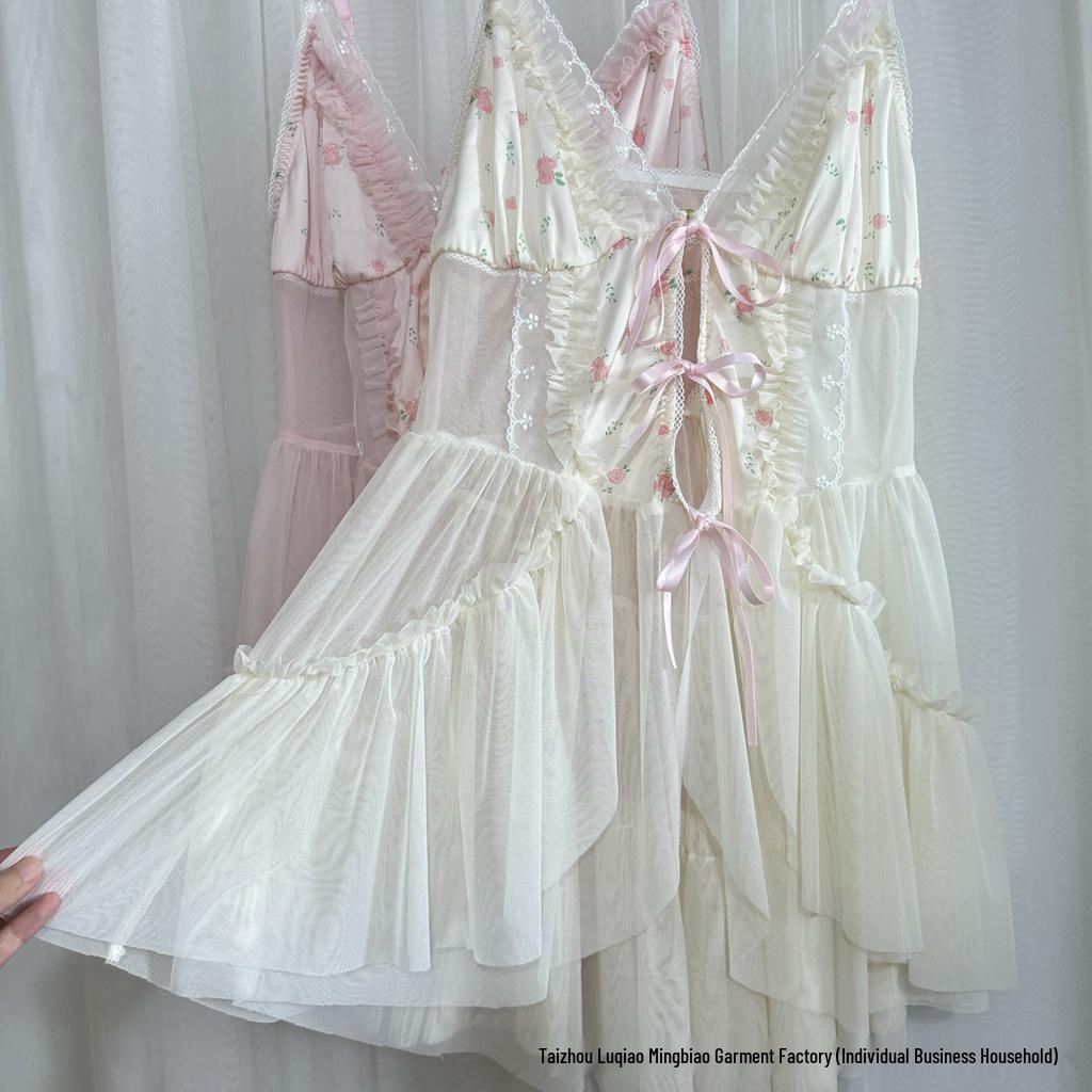 50970 Floral Mesh Nightgown with Bowknot and Removable Pads