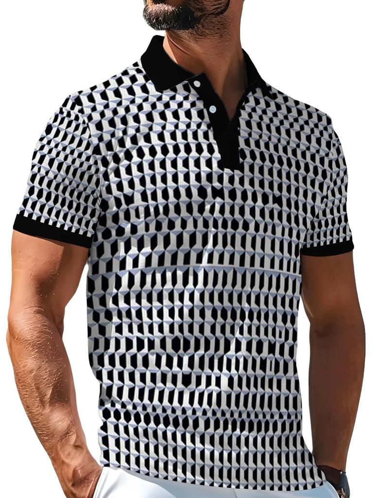 [Print Design - Not Textured] Men'S Outdoor Short Sleeve Polo Shirt, Multi-Size Available, Men'S Collared Polo, Geometric Print Men'S Top, Slim Fit