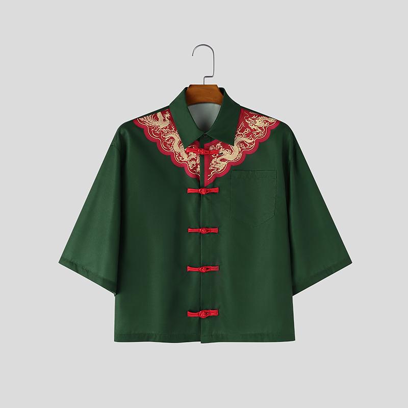 INCERUN Oversized Men Lapel Neck Half Sleeve Dropped Shoulder Vintage Knot Casual Shirts Tops