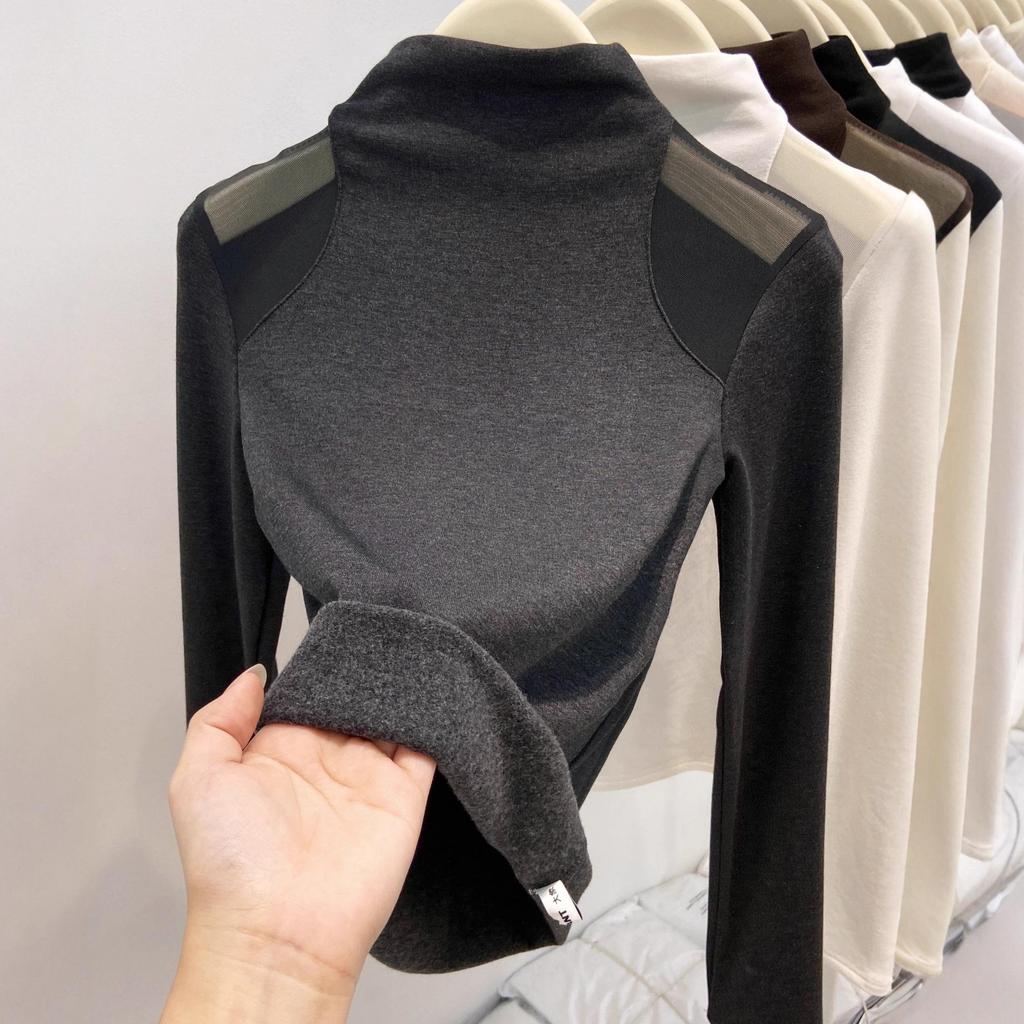 Women's Autumn/Winter Mesh Patchwork Off-Shoulder High Neck Long Sleeve T-Shirt with Brushed Fleece Inner Layer