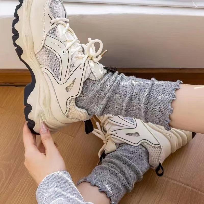 

Solid Trendy and Versatile for Korean Style Socks Autumn Winter Women Socks with Lace Trim Hollow Out Mesh Breathable Slouch One Size серый
