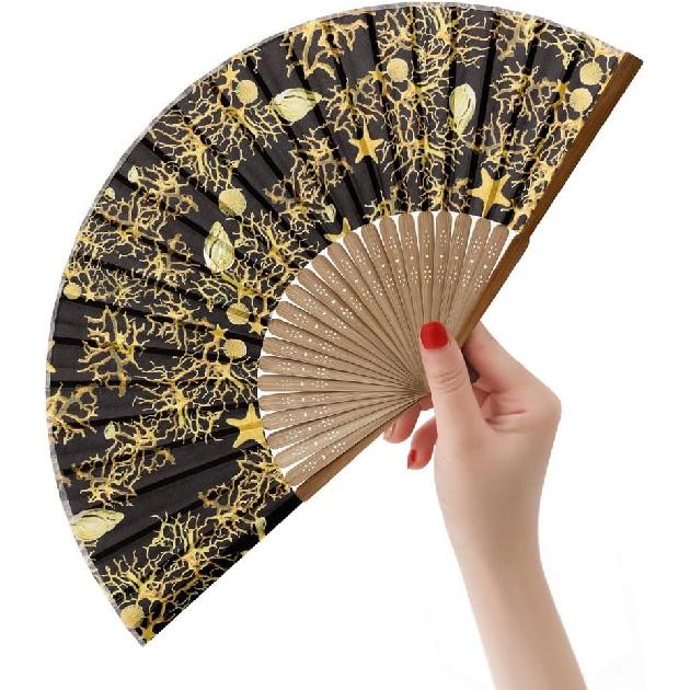 HeyToo Women Held Hand Folding Fan - Bamboo Printed Pattern Foldable Fan - Ideal for Decoration, Wedding, Themed Anniversary Party, Church, EDM,