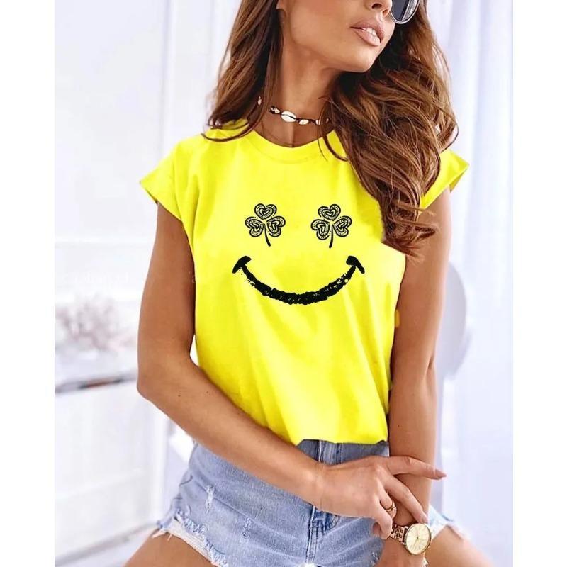 Καλοκαιρινή Γυναικεία Μπλούζα T-shirt με Στρογγυλή Λαιμόκοψη, Τυπωμένη με Σχέδιο 'Love Clover Smiling Face', Μοντέρνα, Casual, Καθαρό Βαμβάκι, Κοντομάνικη