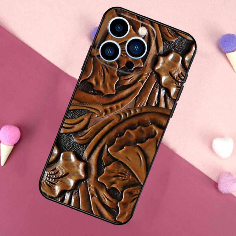 Brown Tooled Leather Pattern Case For iPhone 16e 16 15 Pro Max 11 12 13 Mini 14 15 Pro Max 15 Plus XR Phone Back Cover