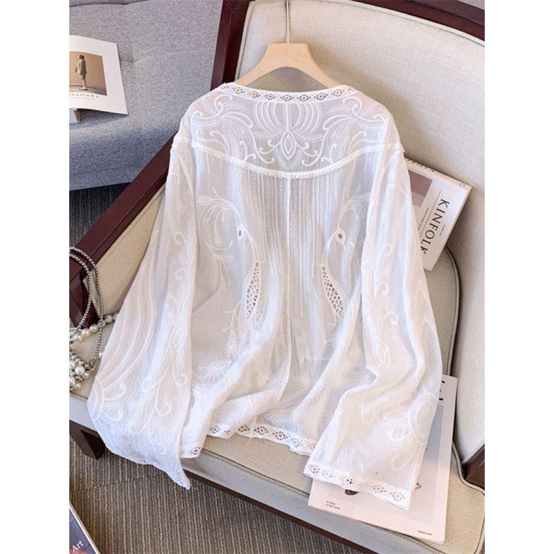 Plus Size New Chinese Style Embroider Lace Lace Sweet Long Sleeve Shirt Women's Spring & Fall Loose Thin V-neck Outer Tops