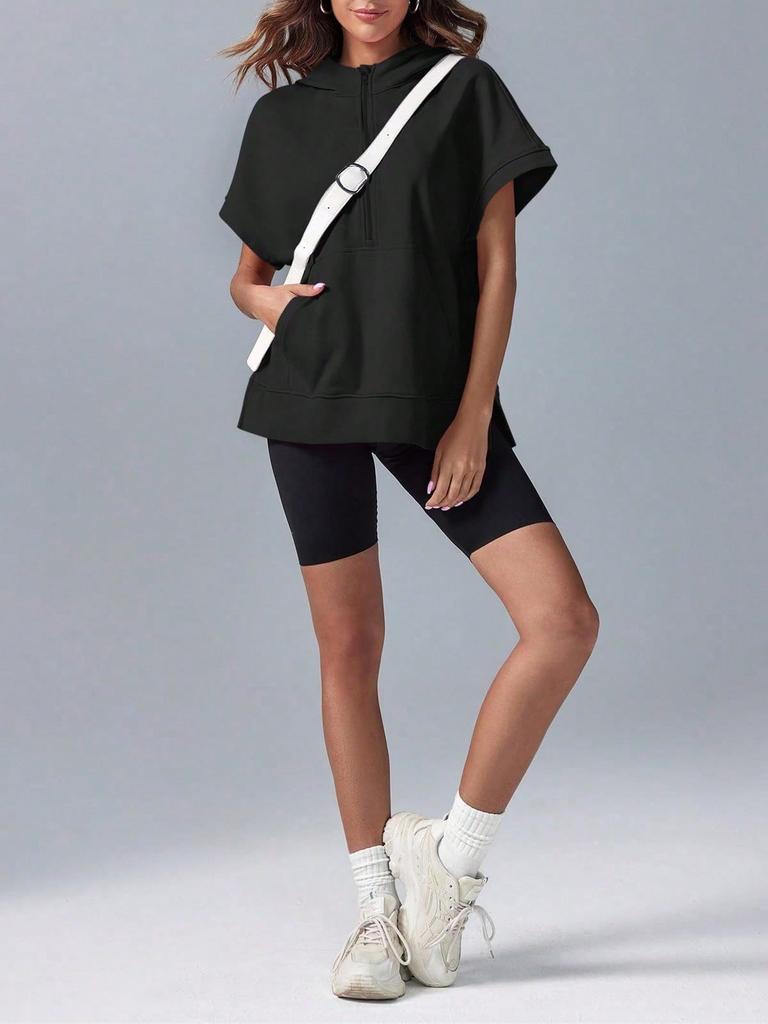 Women's Oversized Half Zip Hoodie Short Sleeve Pullover Sweatshirt Top with Pockets