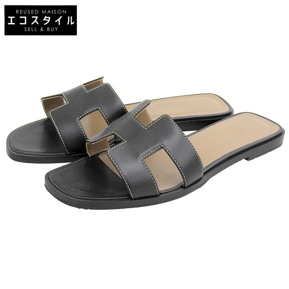 HERMES Beautiful Oran flat sandals, women's, black, size 36 1/2 shoes 36 1/2 blackUsed