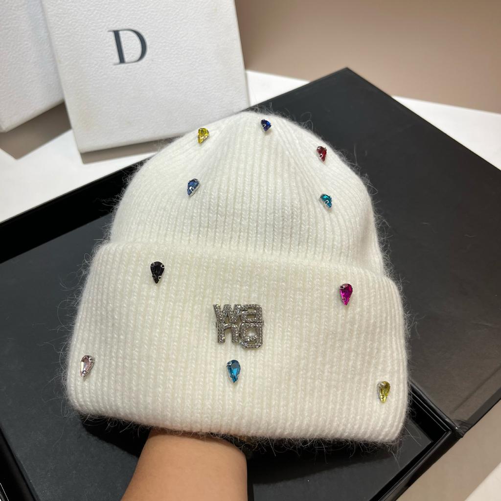 Paris Light Luxury Heavy Industry Rhinestone King Knitted Hat Winter Warm Rabbit Hair Cold Hat Outdoor Sweet Ear Hat