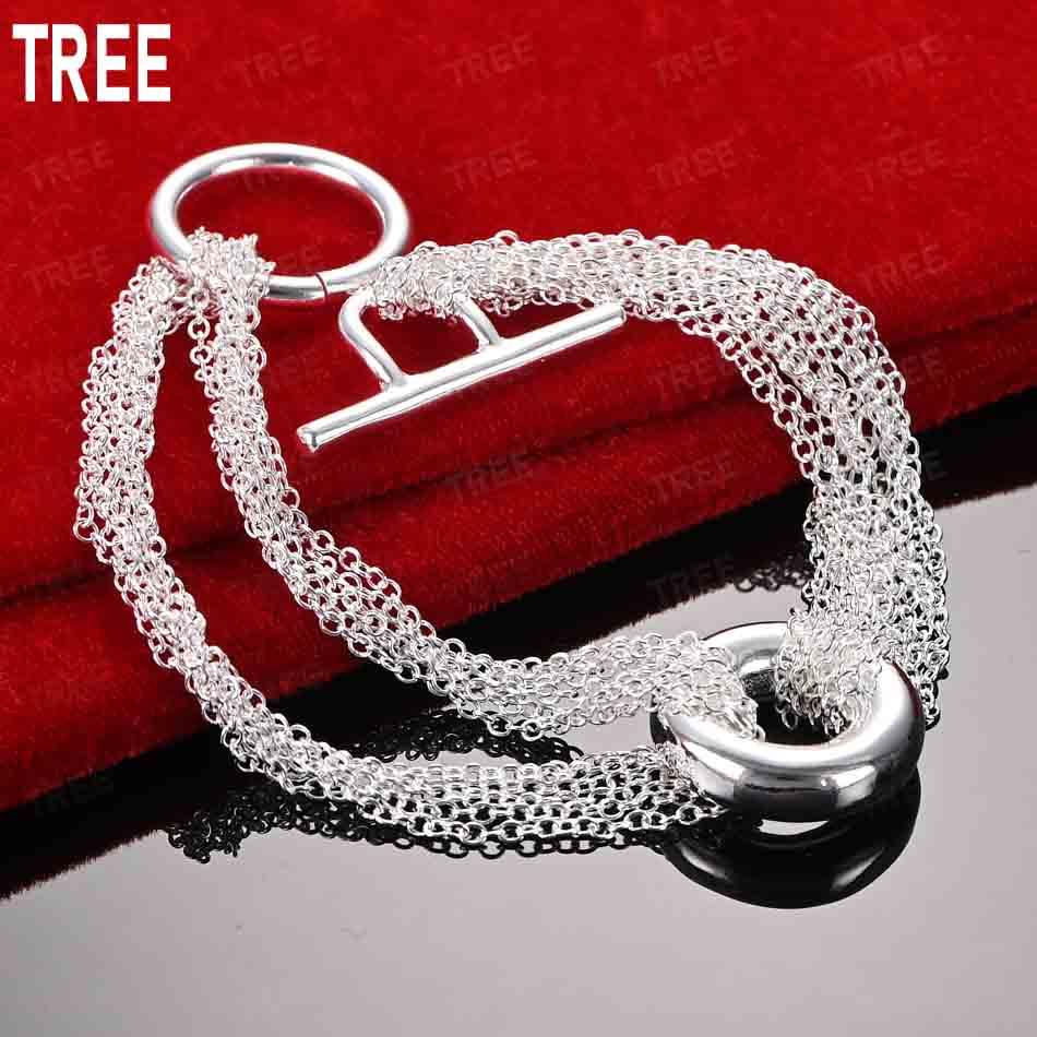 925 Sterling Silver Tassel Round Ring Side Chain Bracelet Gift Jewelry 20CM