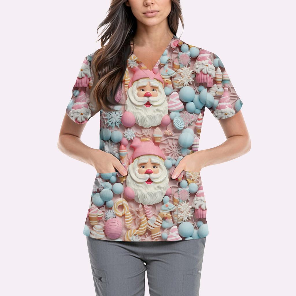 Women's Cute Printed Work Clothes V-neck Double Layer Pockets Basic Short Sleeve Top Pullover Valentines